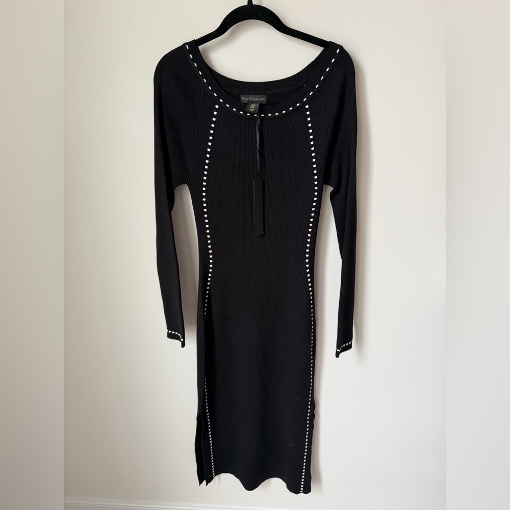 Black white trim long sleeve Knit Midi Dress